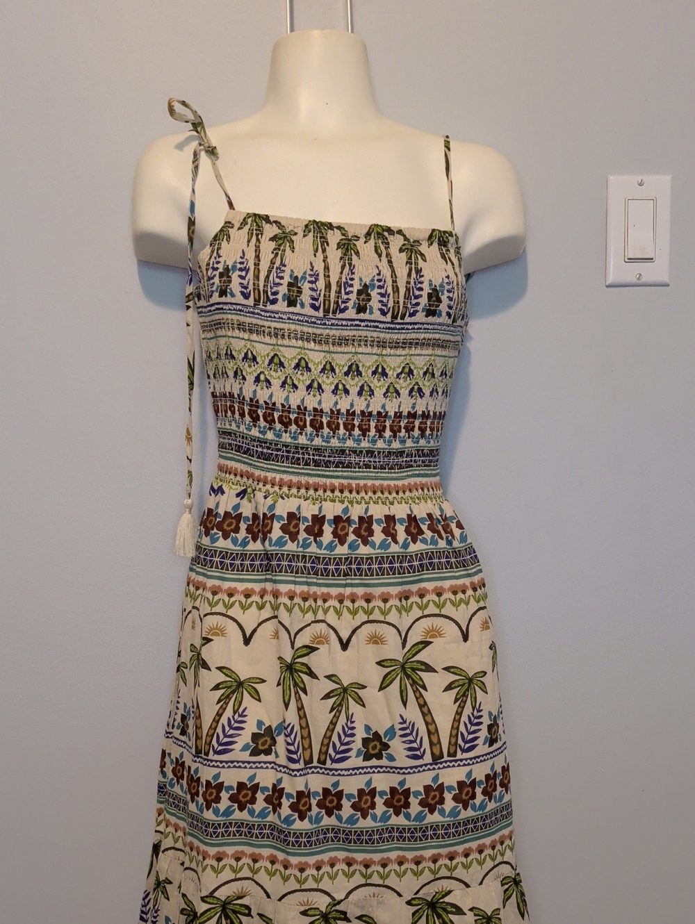 Patrons of Peace Cream Palm Print Midi Dress with Green & Blue Accents